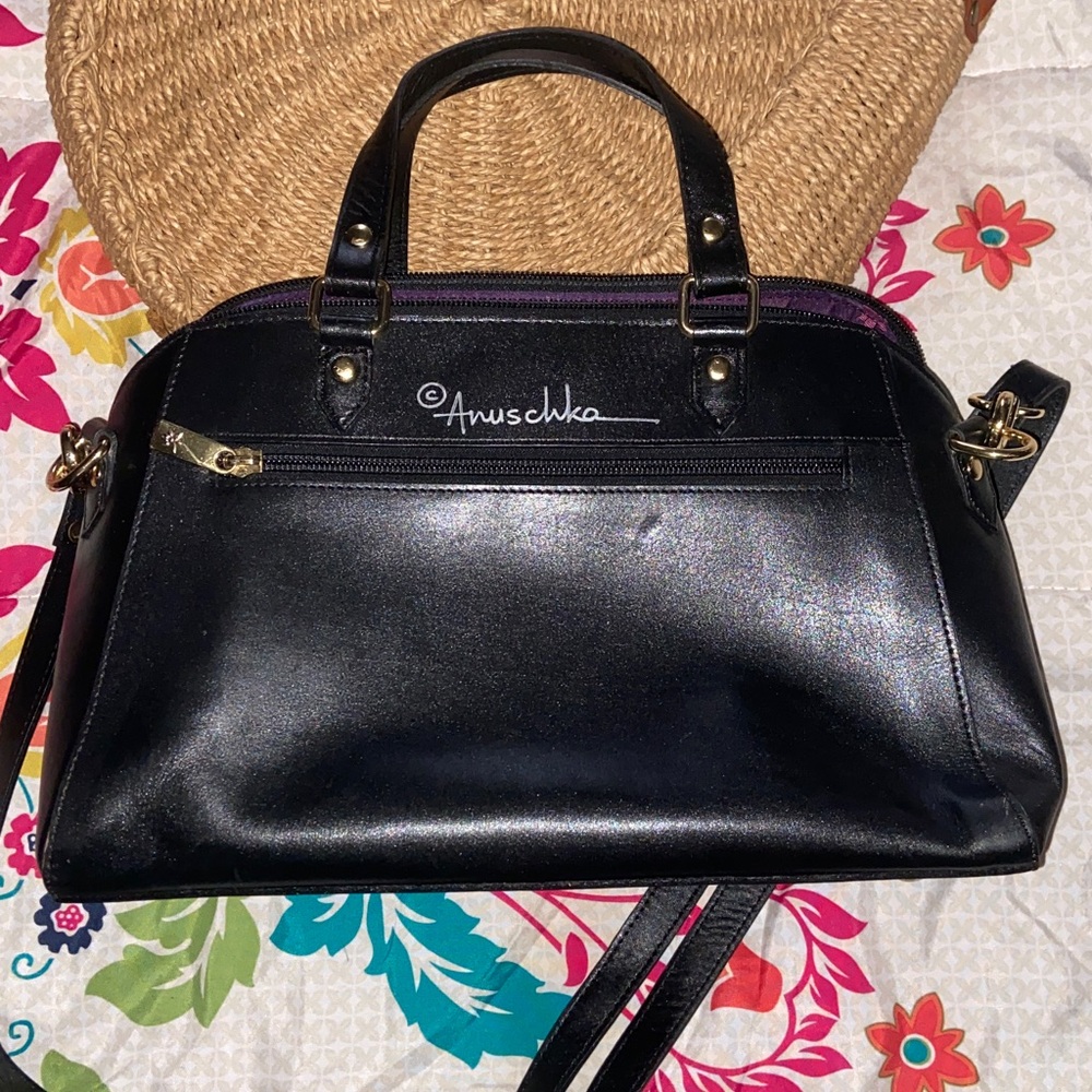 LEOPARD WILDFLOWER ANUSCHKA Genuine Black Leather Crossbody + Handle Purse NWOT - Picture 4 of 5